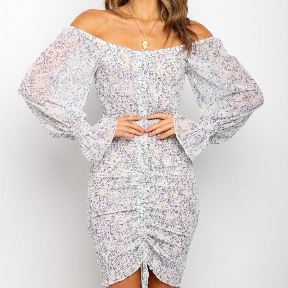 Petal & pup YASMA DRESS - WHITE floral off the shoulder ruched dress NEW